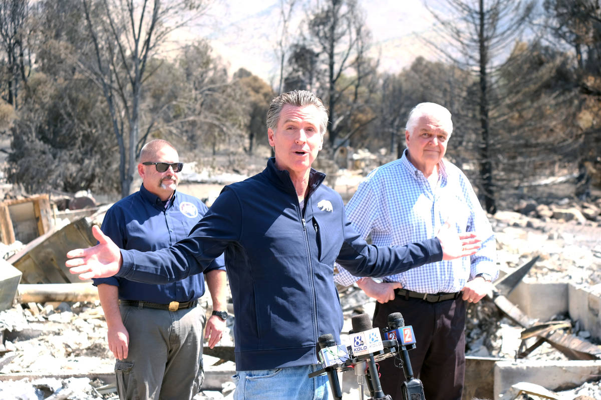 Calif. Gov. Gavin Newsom speaking to reporters Wednesday about the Tamarack fire. July 28, 2021 ...