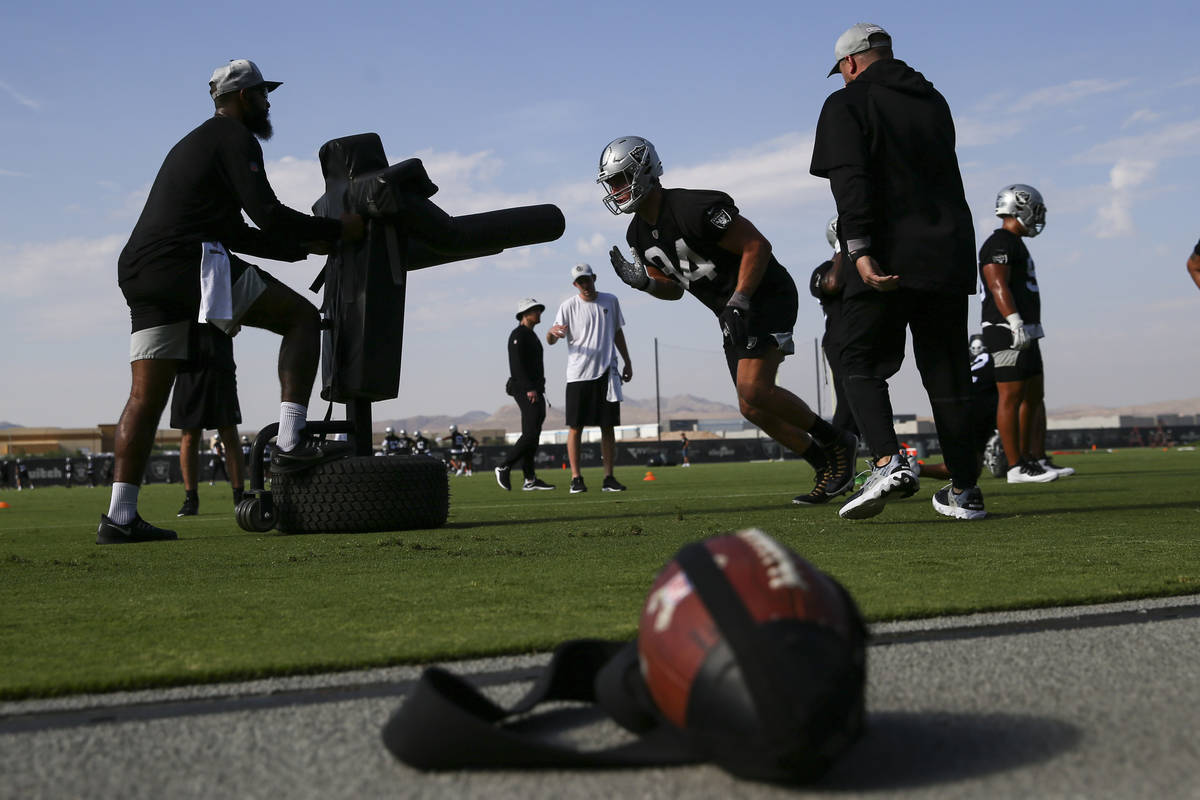 Raiders defensive end Carl Nassib (94) runs through drills during training camp at Raiders Head ...