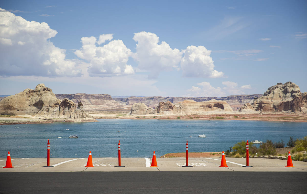 The blocked-off entrance to the Stateline boat launch ramp is seen at Lake Powell in the Glen C ...
