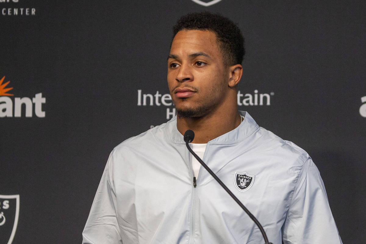 Raiders safety Johnathan Abram listens to a questions asked during a news conference following ...