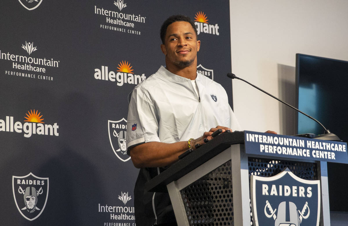 Raiders safety Johnathan Abram reacts to a comment during a news conference following the team& ...