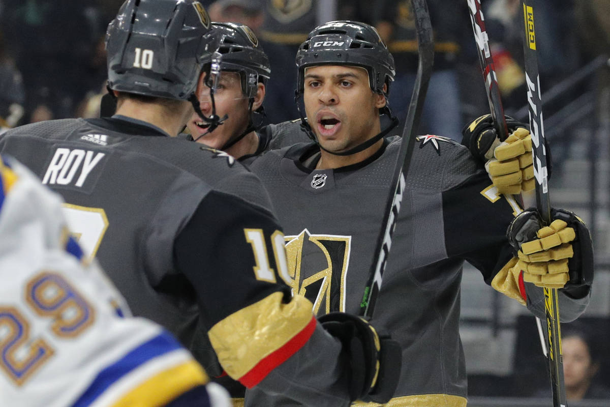 Vegas Golden Knights right wing Ryan Reaves (75) celebrates after scoring against the St. Louis ...