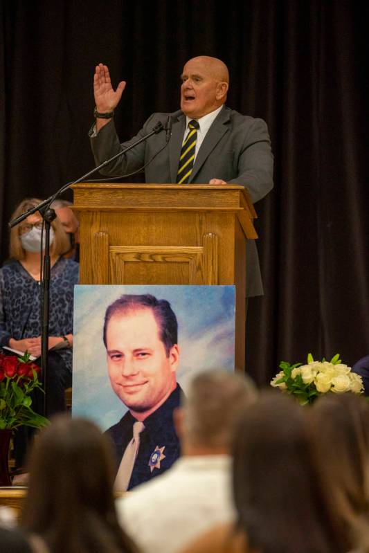 Bishop Chris Luther speaks during a public memorial service for his step-son former Metro Lt. E ...