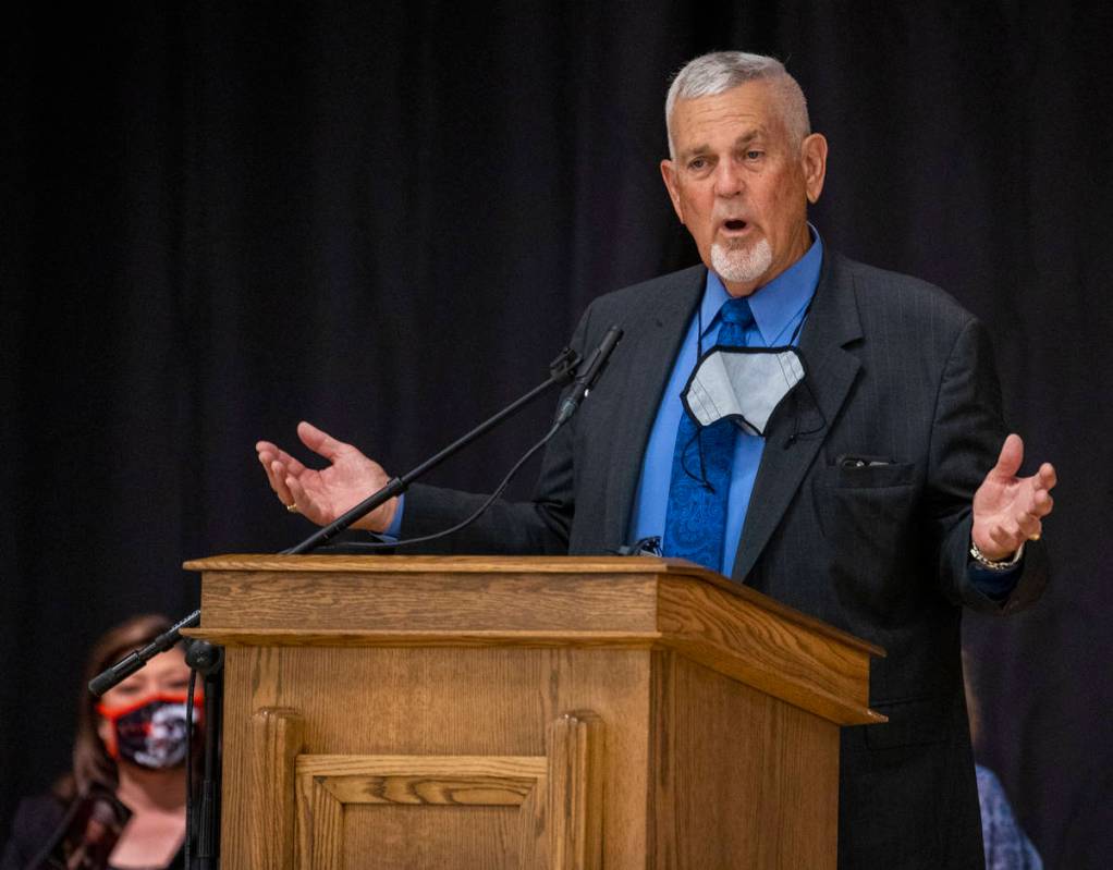 Henderson Justice of the Peace David Gibson Sr. speaks during a public memorial service for for ...