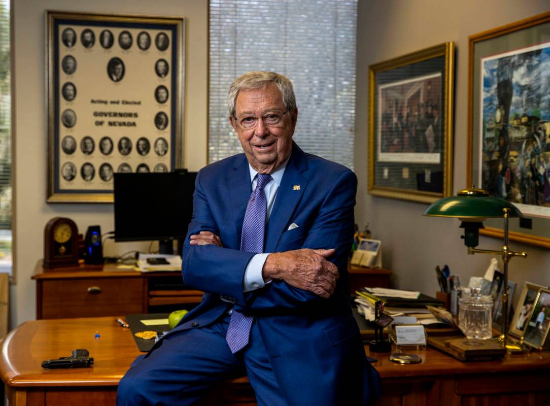 Former Nevada Gov. Robert List in his office June 29, 2021, in Las Vegas. At left on the desk ...