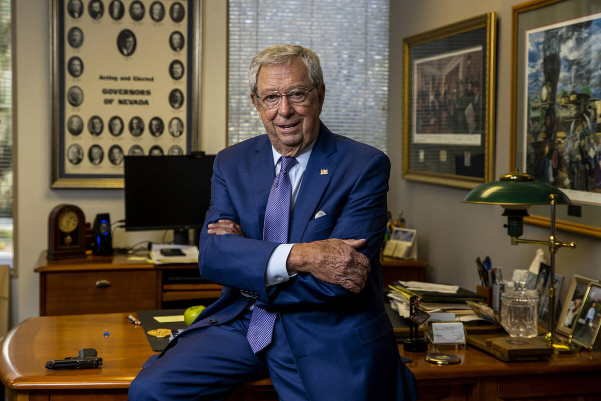 Former Nevada Gov. Robert List in his office June 29, 2021, in Las Vegas. At left on the desk ...