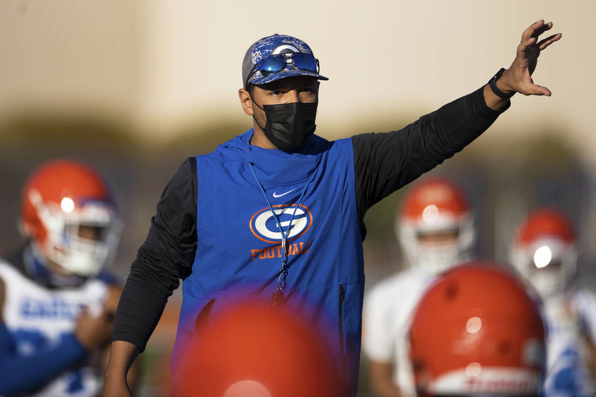 Bishop Gorman head football coach Brent Browner leads practice on Friday, Feb. 19, 2021, at Bis ...