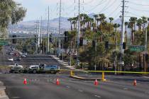 The scene of a fatal car accident near Pecos Road and Hacienda Avenue in Las Vegas, Sunday, Aug ...