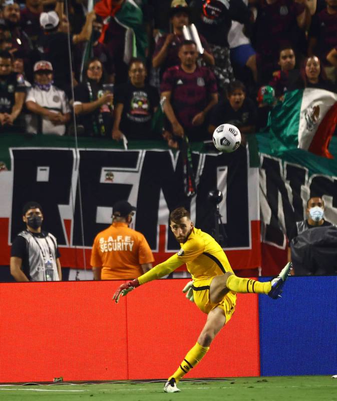 United States goalkeeper Matt Turner kicks the ball during the second half of the Concacaf Gold ...