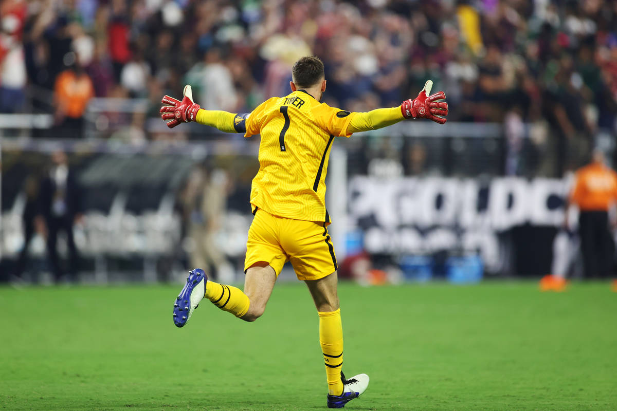 during the second extra time period of the Concacaf Gold Cup final at Allegiant Stadium in Las ...