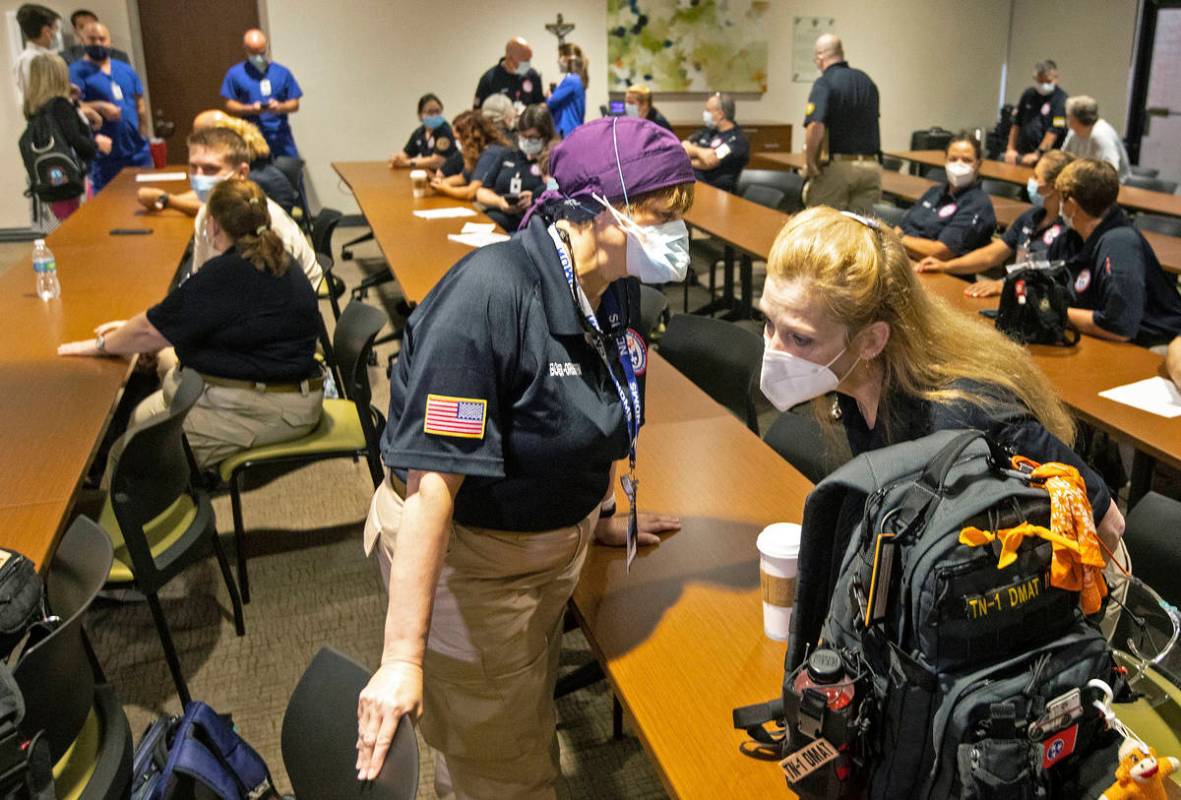 Hindy Bogner Orenstein, a nurse from Maryland chats with Bren Ingle, a nurse from Chattanooga, ...