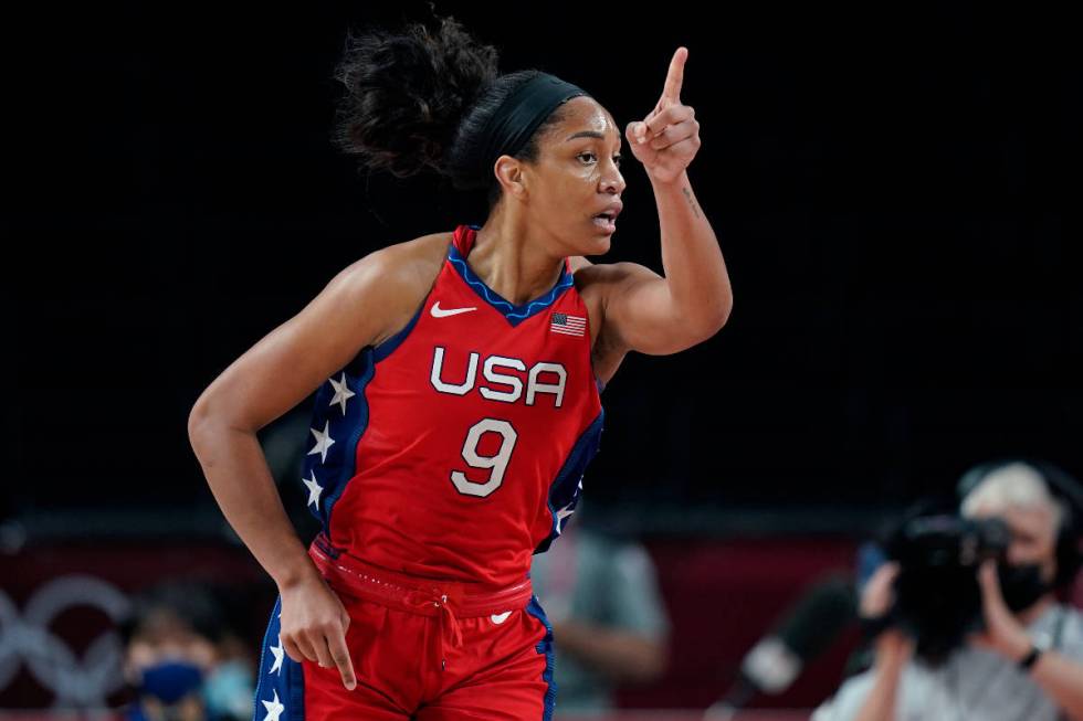 United States's A'Ja Wilson (9) reacts after scoring against Australia during a women's basketb ...