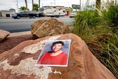 A photograph of Stephanie Isaacson is placed at the once-undeveloped area around Bonanza Road a ...