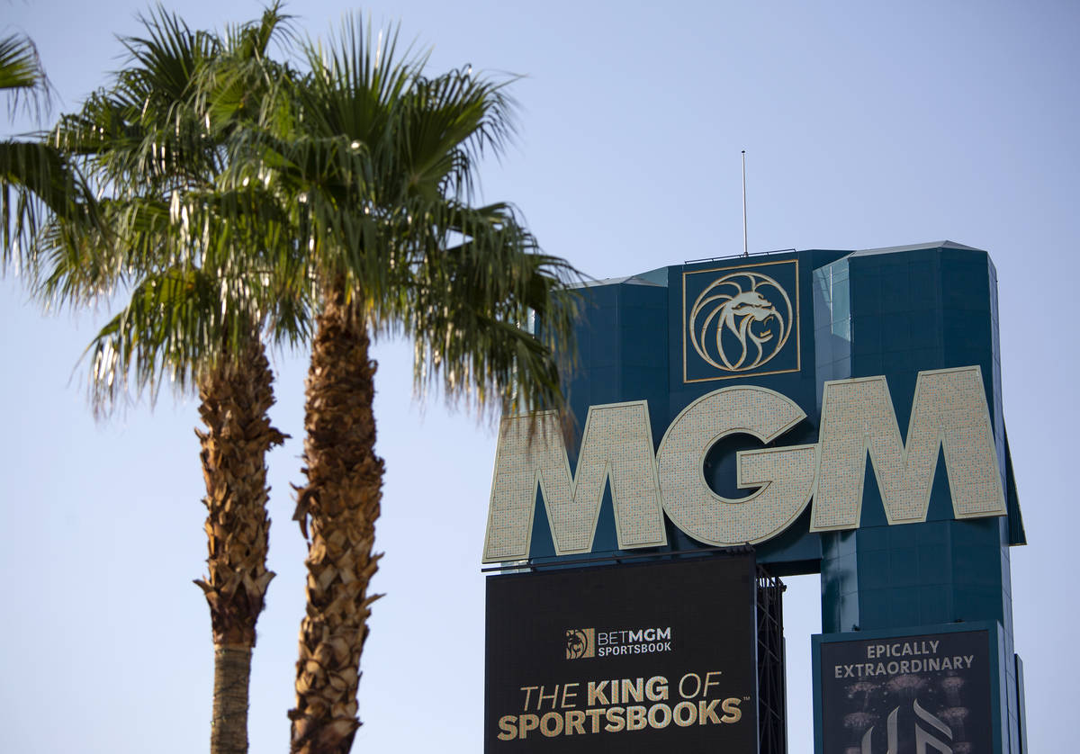 The marquee at MGM Grand on Wednesday, Aug. 4, 2021, on the Las Vegas Strip. Caesars Entertainm ...
