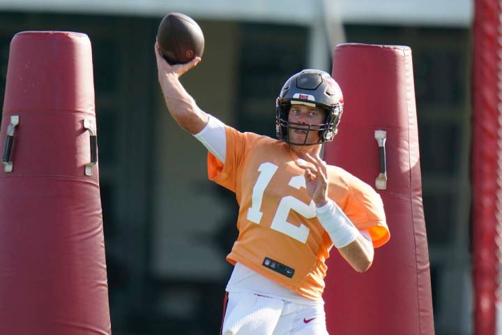 Tampa Bay Buccaneers quarterback Tom Brady (12) during an NFL football practice Saturday, July ...