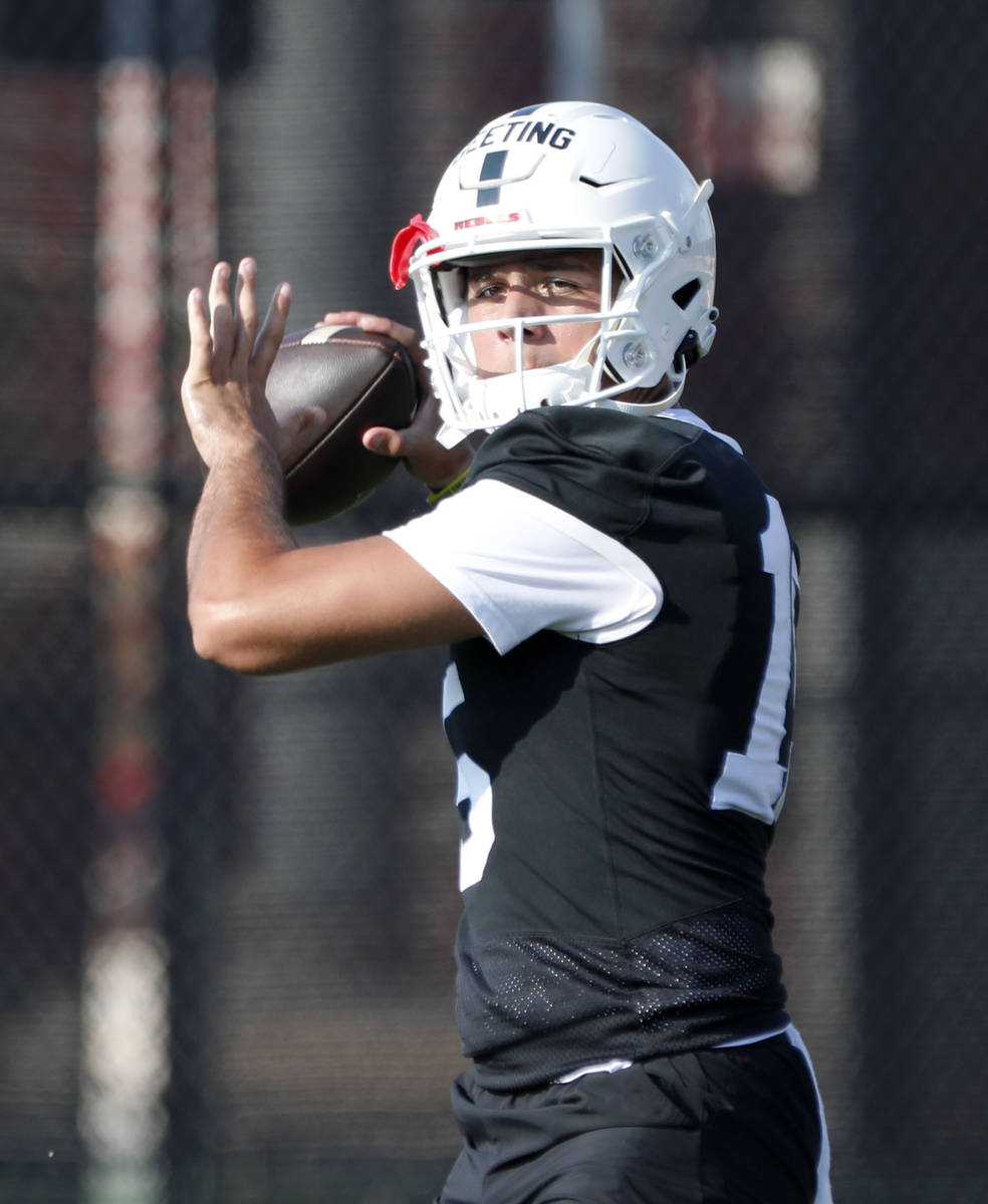 UNLV Rebels quarterback Matthew Geeting (15 ) throws a ball during football practice in UNLV, W ...