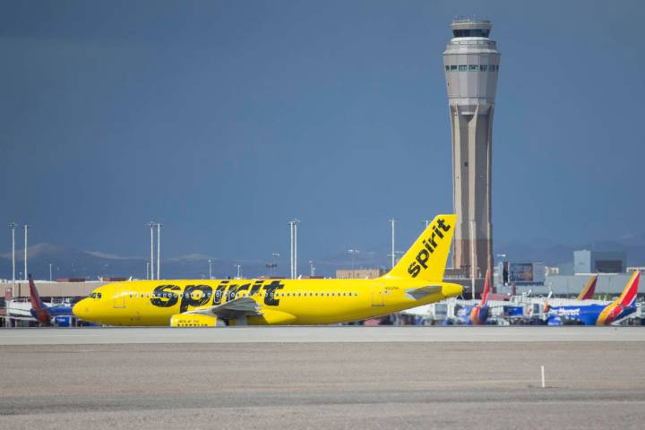 A Spirit Airlines aircraft taxis at McCarran International Airport on Tuesday, May 21, 2019, in ...