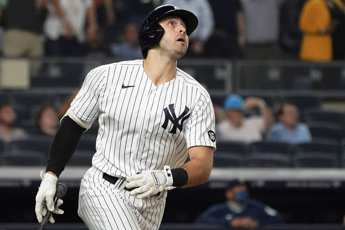 New York Yankees' Joey Gallo watches his three-run home run during the seventh inning of the te ...