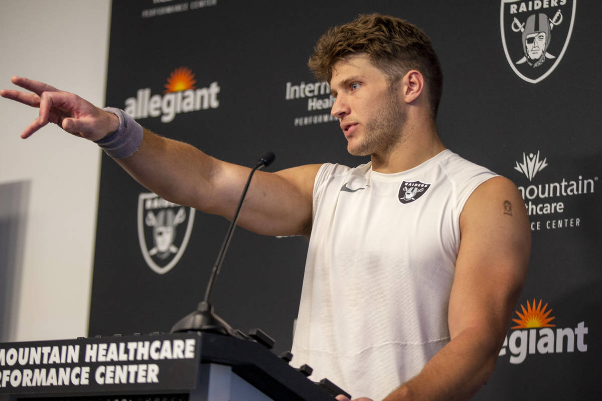Raiders tight end Foster Moreau answers a question from the media at a news conference followin ...