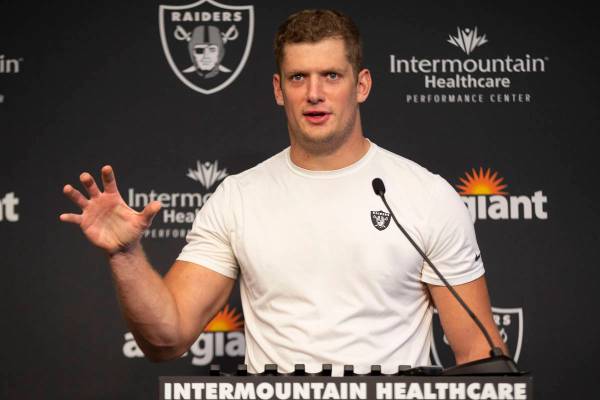 Raiders defensive end Carl Nassib answers a question during a news conference following their N ...