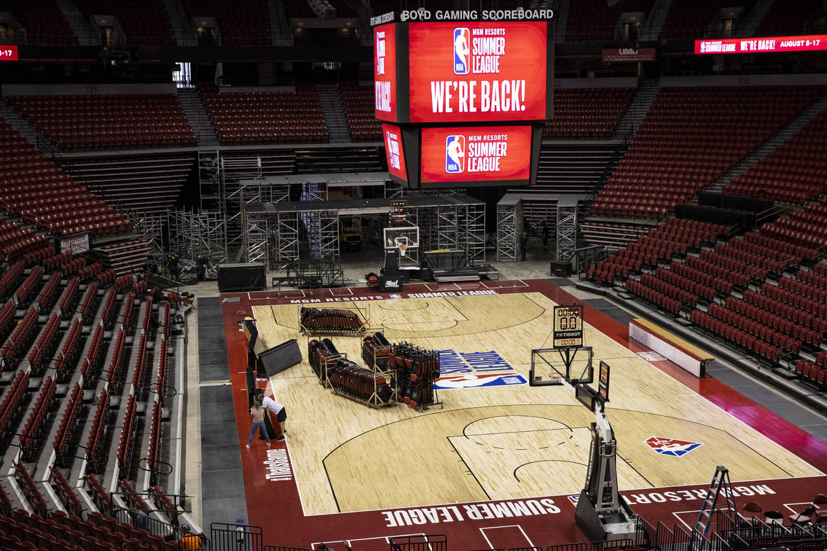 NBA Summer League signage is seen at the Thomas & Mack Center in advance of the tournament ...