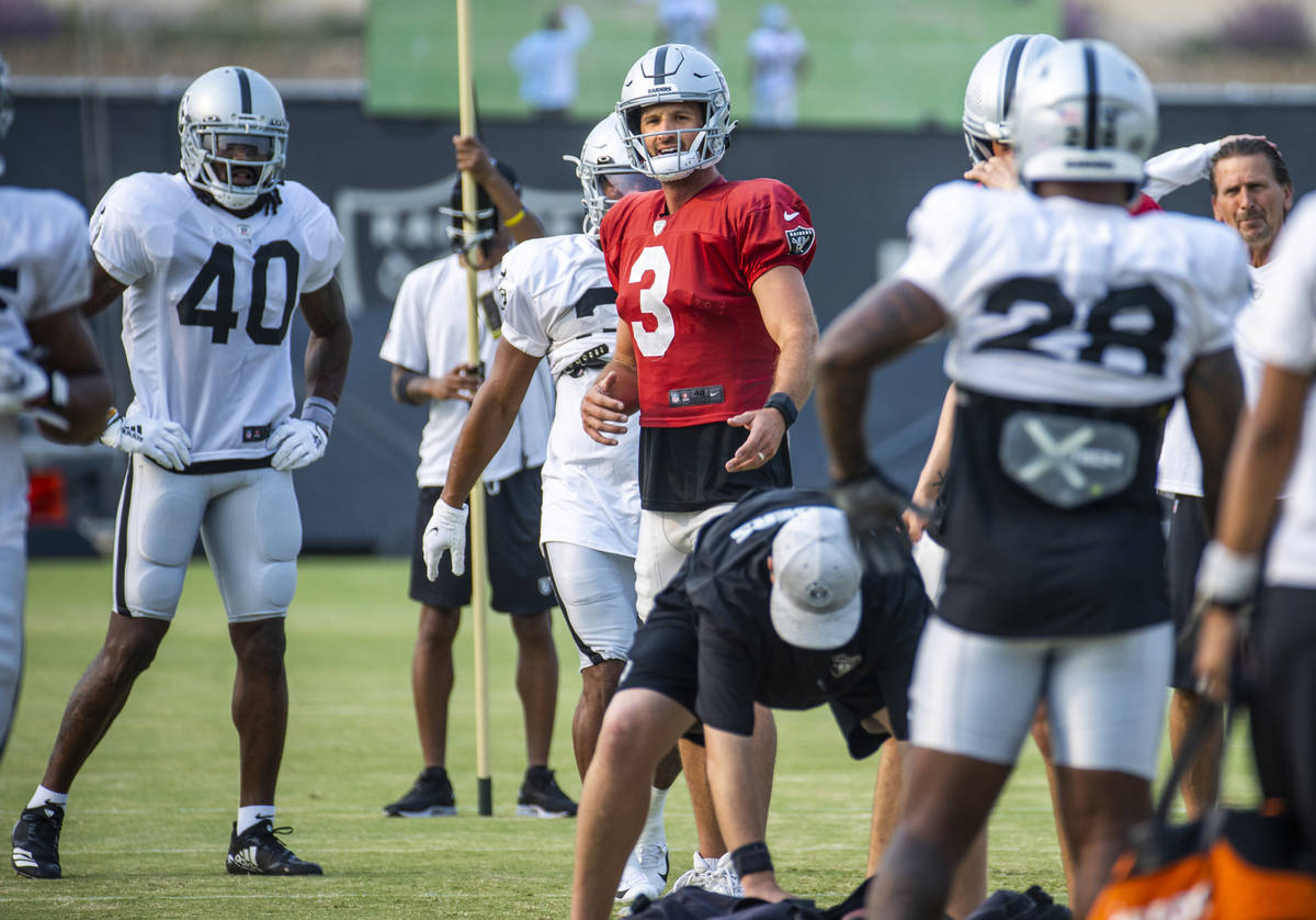 Raiders quarterback Nathan Peterman (3) looks downfield during practice at the Intermountain He ...