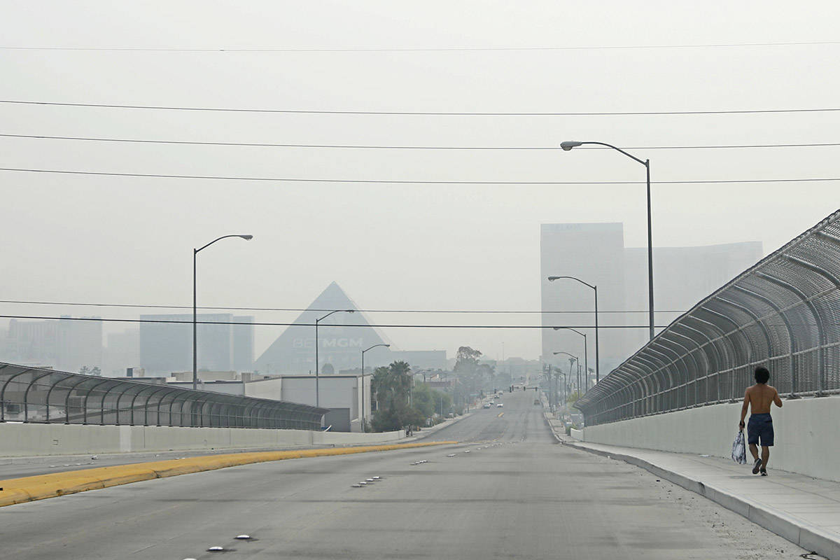 The Strip is seen through a haze of smoke in Las Vegas, Saturday, Aug. 7, 2021. The Clark Count ...