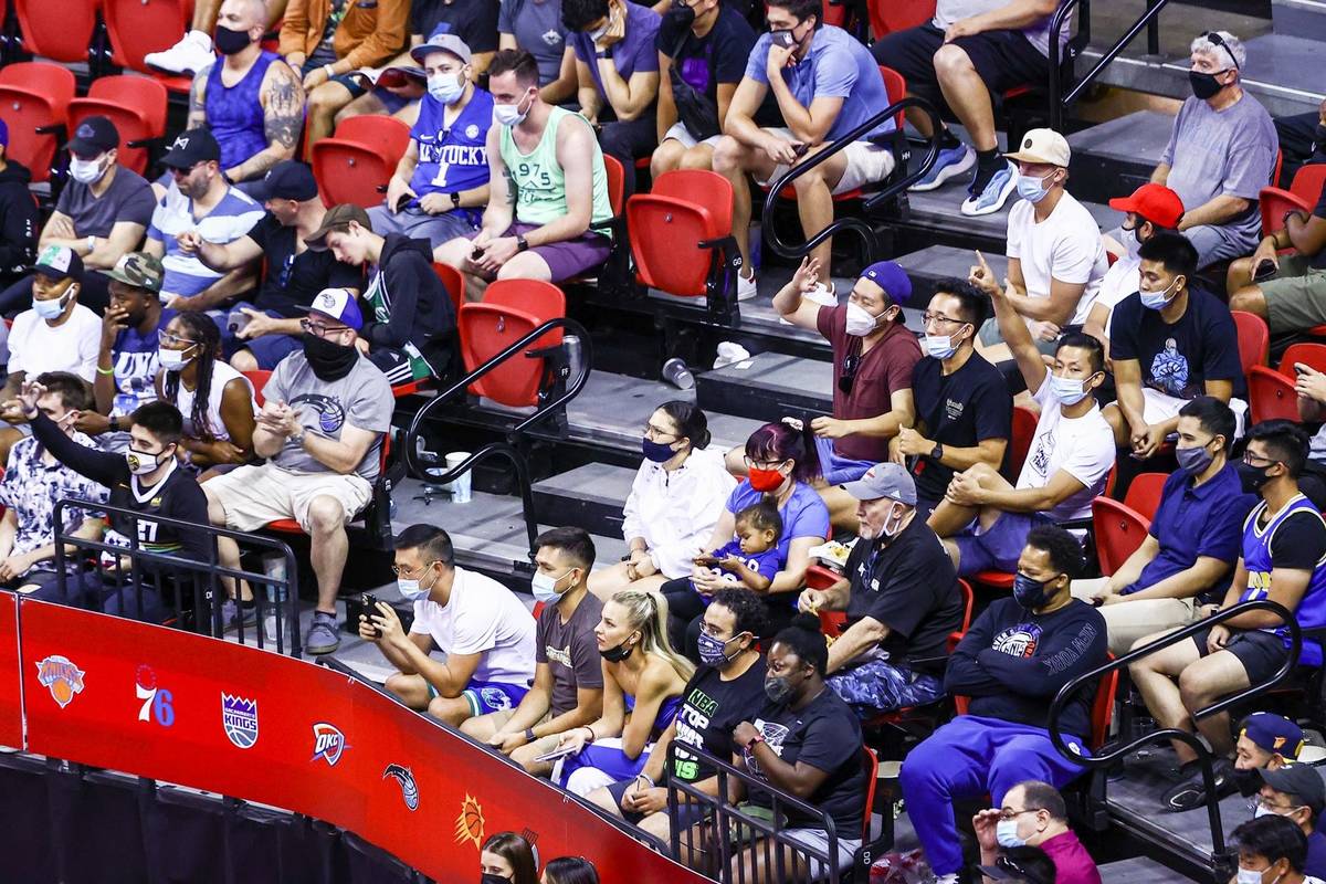 Basketball fans celebrate after a three-pointer from Orlando Magic during the second half of an ...