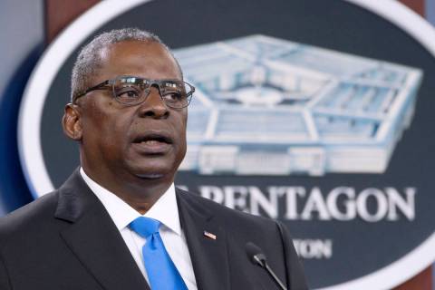 In this July 21, 2021 file photo, Defense Secretary Lloyd Austin speaks at a press briefing at ...