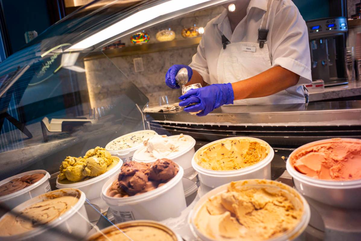 Fountain worker Maria Casian scoops ice cream at Craig's Vegan in The District at Resorts World ...