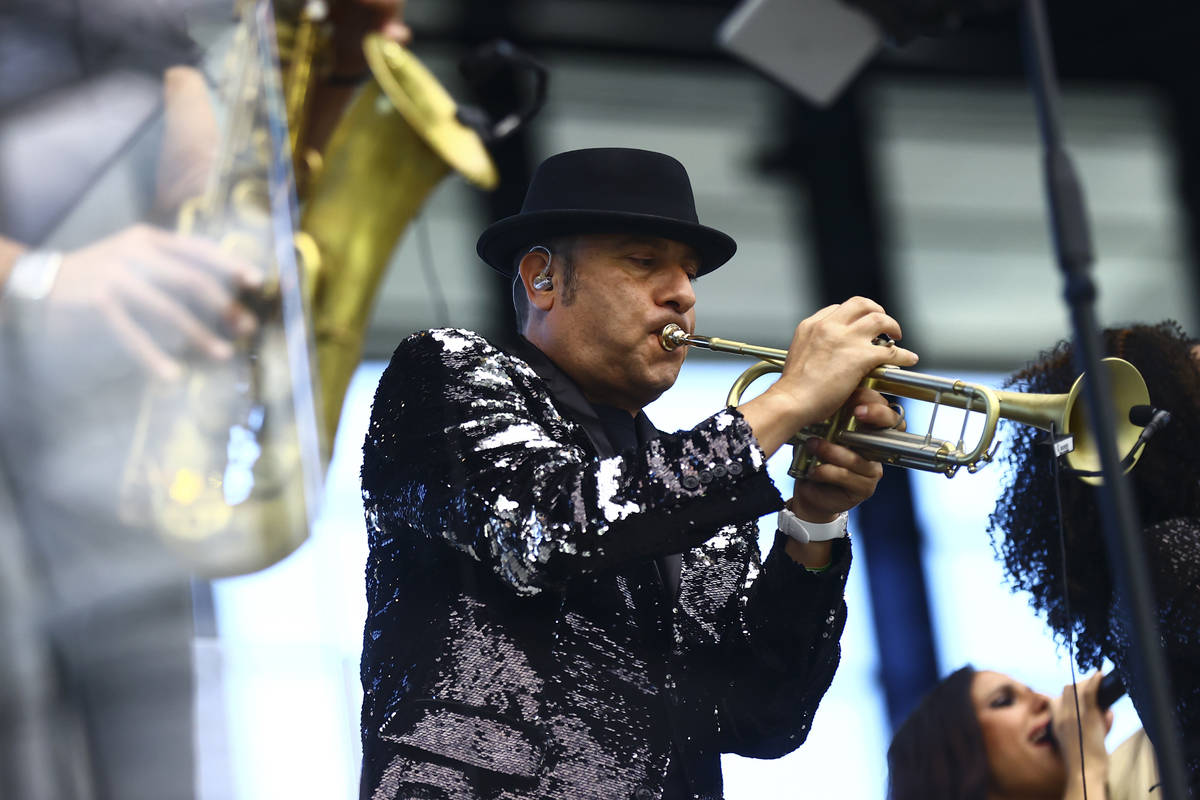 David Perrico leads his Pop Strings Orchestra at Allegiant Stadium in Las Vegas on Monday, June ...