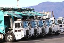 Republic trucks are lined up at Republic Services' disposal facility in this Dec. 7, 2016, file ...