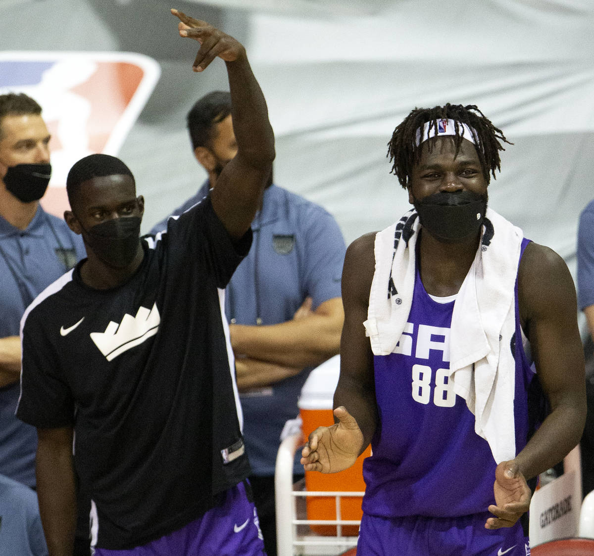 Sacramento Kings center Neemias Queta (88) celebrates a teammate's three-pointer during the sec ...