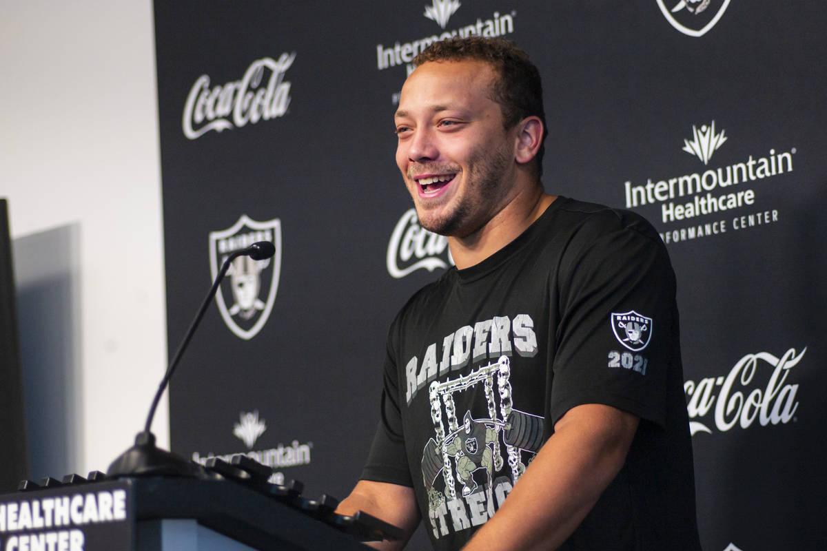 Raiders fullback Alec Ingold responds to questions from members of the media at Raiders Headqua ...