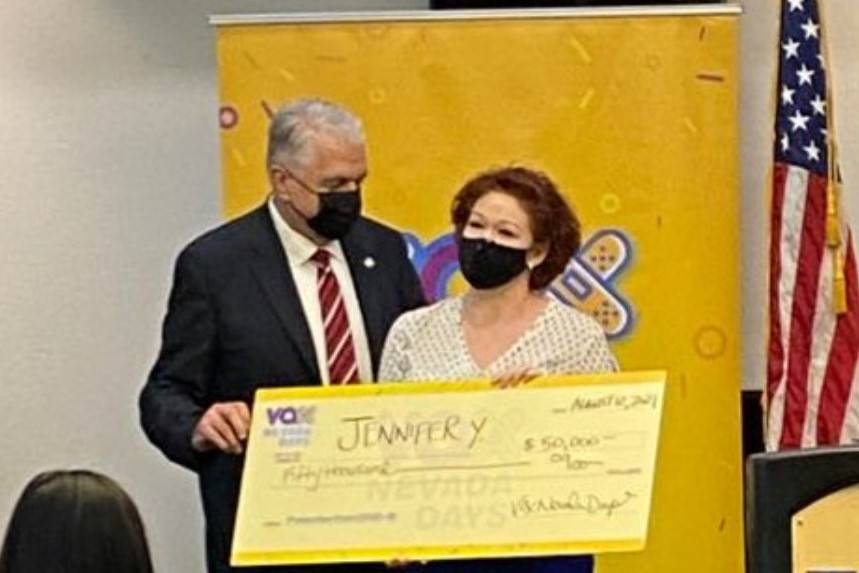 Gov. Steve Sisolak talks to Jennifer Y. of Las Vegas after she won $50,000 during the "Vax Neva ...