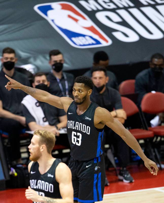 Orlando Magic forward Shakur Juiston (63) signals to teammates during the second half of an NBA ...