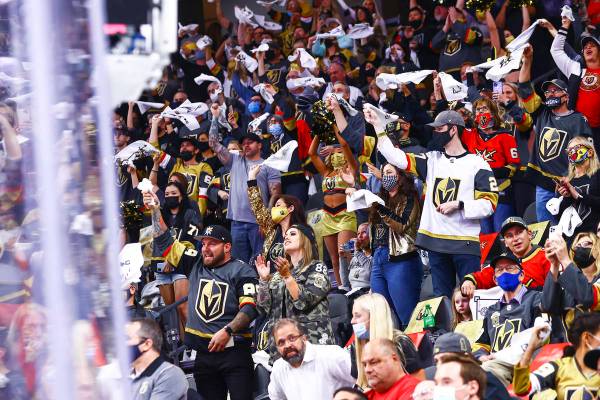 Golden Knights fans cheer at the start of Game 5 of a first-round NHL hockey playoff series aga ...