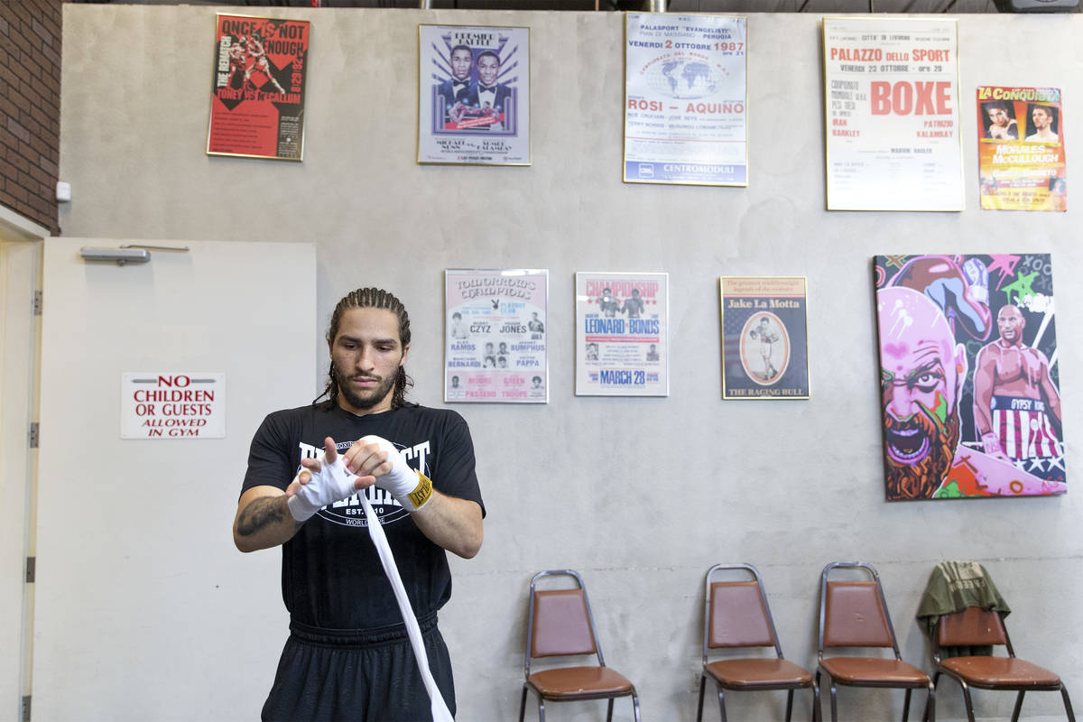 Nico Ali Walsh wraps before sparring at Top Rank Gym on Friday, July 23, 2021, in Las Vegas. Al ...