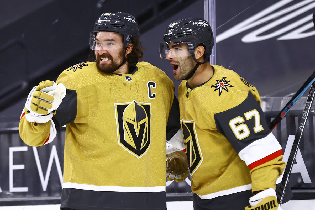 Golden Knights left wing Max Pacioretty (67) celebrates his overtime goal against the Anaheim D ...