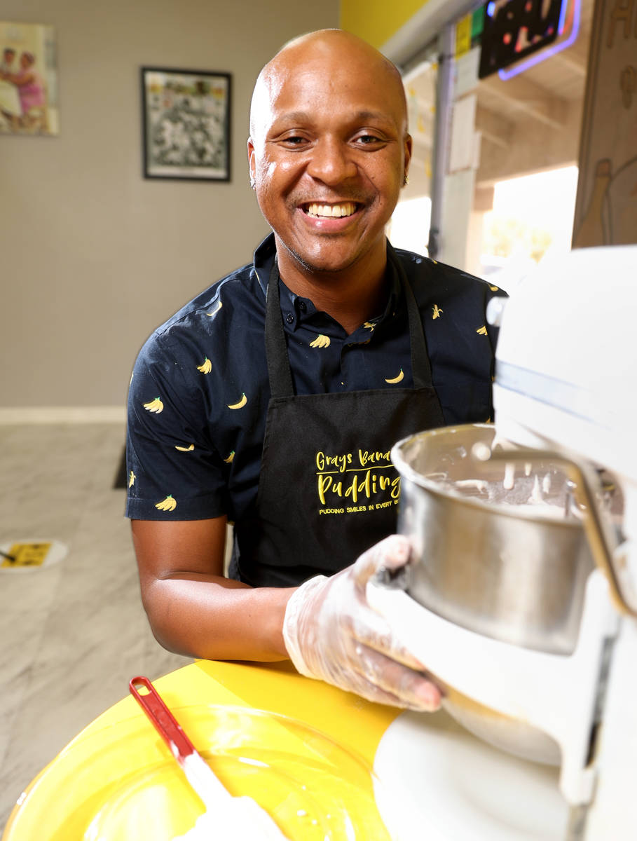 Sharif Grays, owner of Grays Banana Pudding, mixes up a batch of strawberry pudding in his Las ...