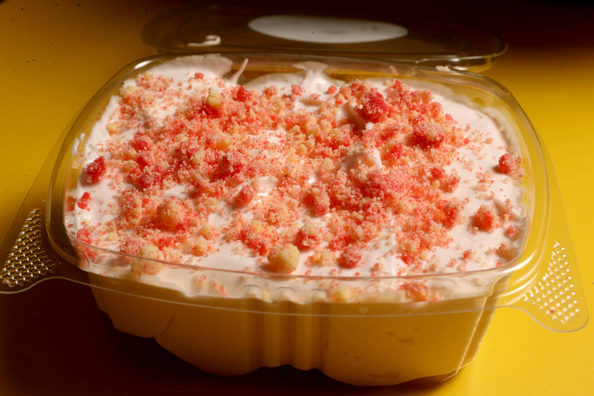 Strawberry pudding with strawberry crumble at Grays Banana Pudding in Las Vegas Thursday, Aug. ...