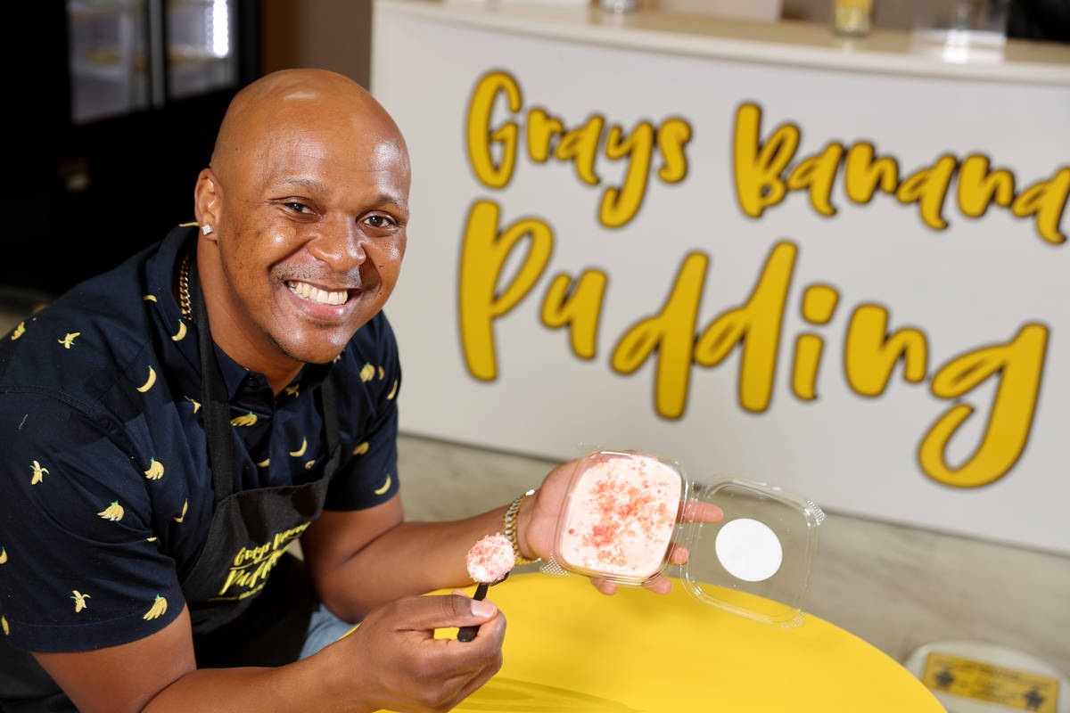 Sharif Grays, owner of Grays Banana Pudding, with strawberry pudding in his Las Vegas store Thu ...