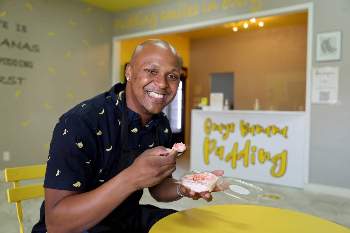 Sharif Grays, owner of Grays Banana Pudding, with strawberry pudding in his Las Vegas store Thu ...