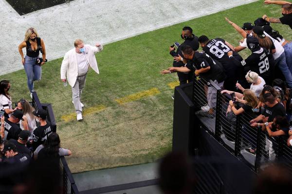 Las Vegas Raiders owner Mark Davis leave the field before the start of a NFL preseason game bet ...
