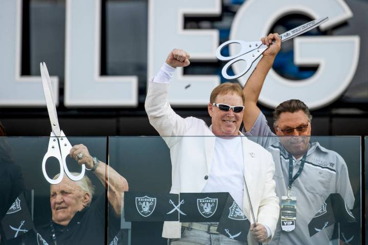 Former Raiders player Jim Otto, from left, Raiders owner Mark Davis and union leader Tommy Whit ...