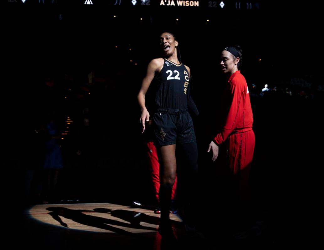 Las Vegas Aces forward A'ja Wilson (22) is announced before the start of a WNBA basketball game ...