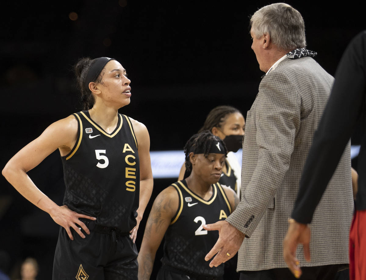 Las Vegas Aces head coach Bill Laimbeer, right, shows his frustration with Las Vegas Aces forwa ...