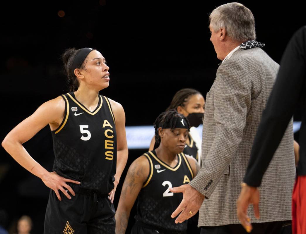 Las Vegas Aces head coach Bill Laimbeer, right, shows his frustration with Las Vegas Aces forwa ...