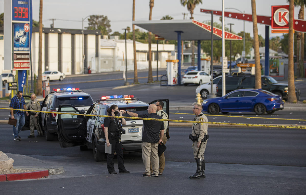 Las Vegas Metropolitan Police investigate a homicide at East Charleston Boulevard and South Mar ...