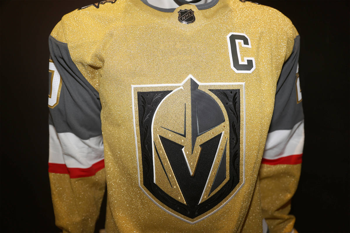 The Vegas Golden Knights third jersey is displayed at City National Arena in Las Vegas, Friday, ...